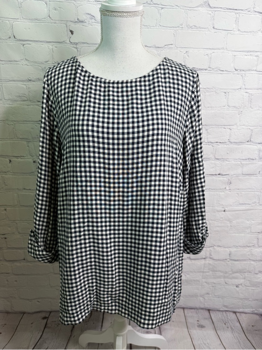 J. Jill Boat Neck Black and White Gingham Plaid Blouse XL